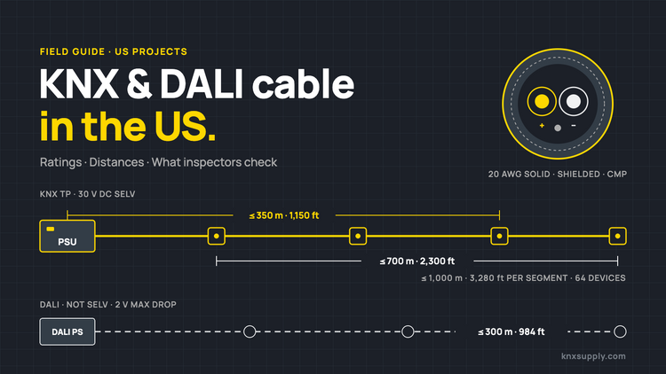 KNX and DALI bus wiring diagram with maximum cable distances