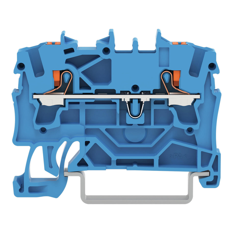 2202 Series through DIN rail mounted terminal block with push-button 2.5 mm² (22–12 AWG). Box of 10