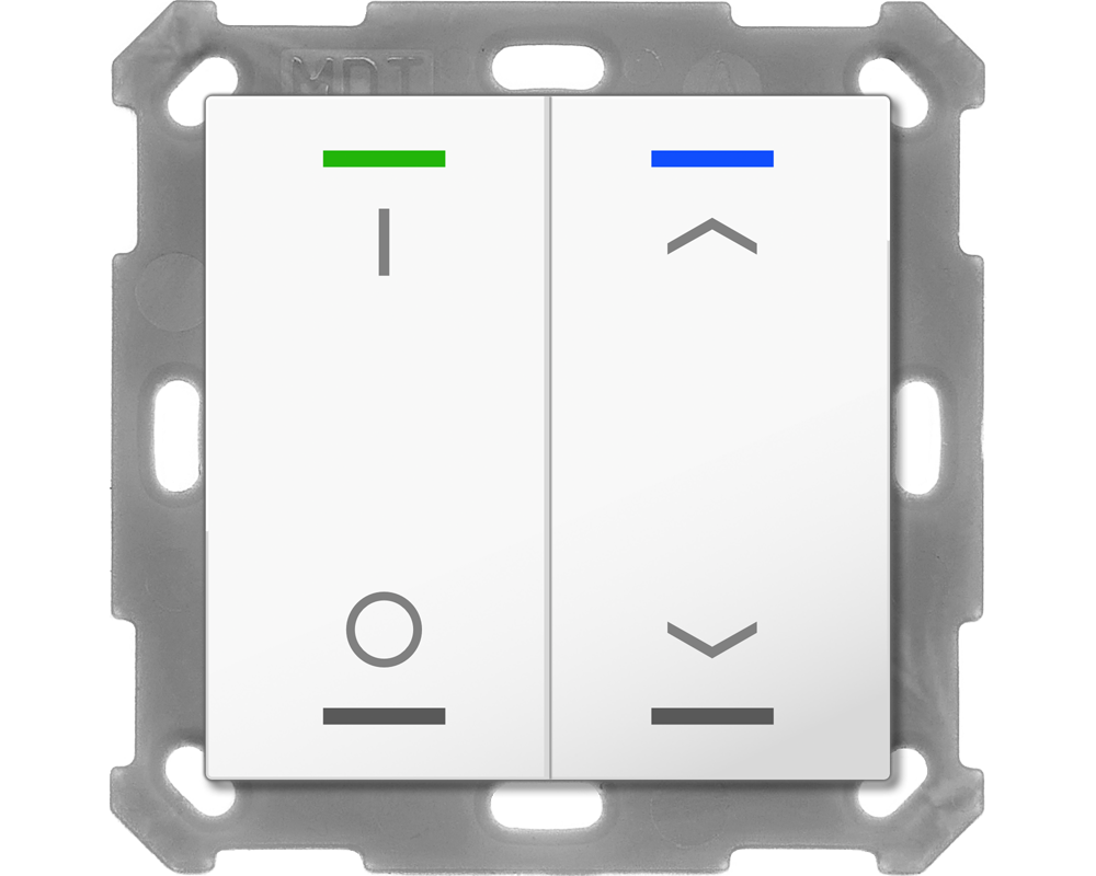 KNX Push Button Lite 55 2 gang, RGBW, switch and blinds, with temperature sensor, White glossy finish