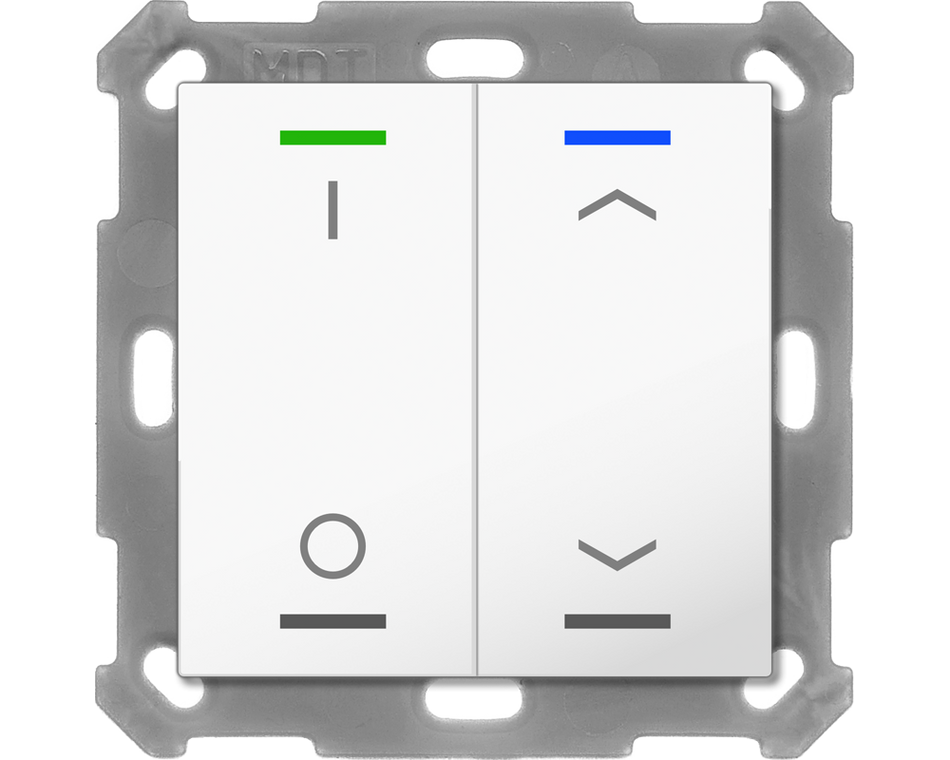 KNX Push Button Lite 55 2 gang, RGBW, switch and blinds, with temperature sensor, White glossy finish