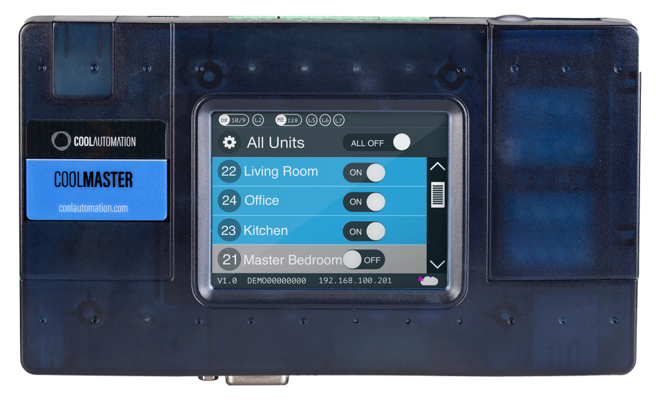 CoolAutomation CoolMaster touch screen showing indoor units