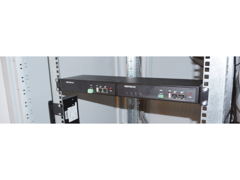 NETIO RM2 1U rack kit holding two PowerPDU 4-series units
