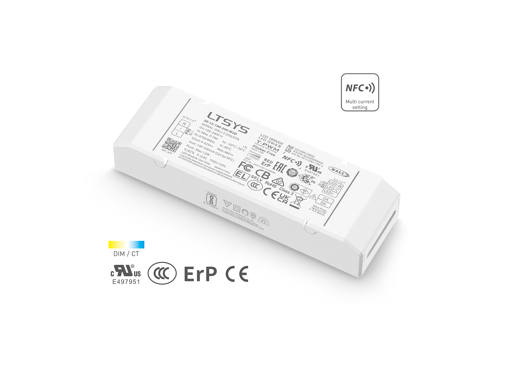 12W 100-500mA NFC CC DALI-2 DT6/DT8 tunable white LED driver SE-12-100-500-W2D Rubycon capacitor UL