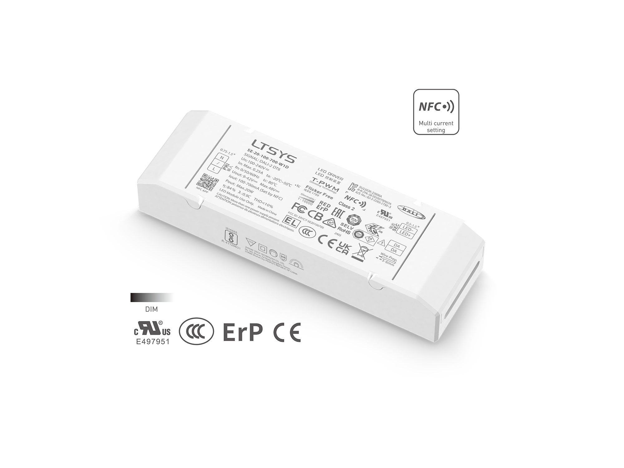 20W 100-700mA NFC CC DALI DT6 LED driver SE-20-100-700-W1D Rubycon capacitor UL