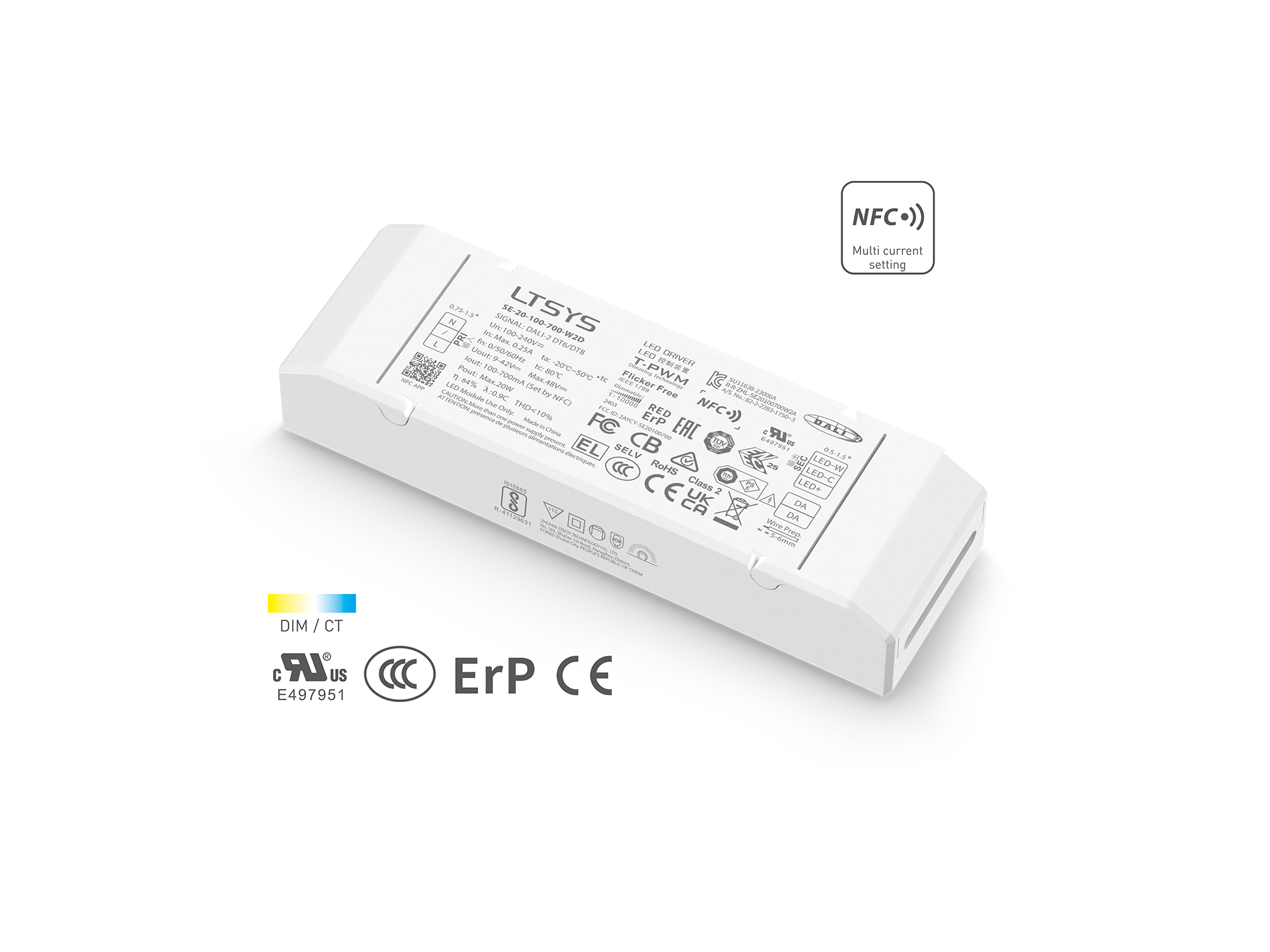 20W 100-700mA NFC CC DALI-2 DT6/DT8 tunable white LED driver SE-20-100-700-W2D Rubycon capacitor UL