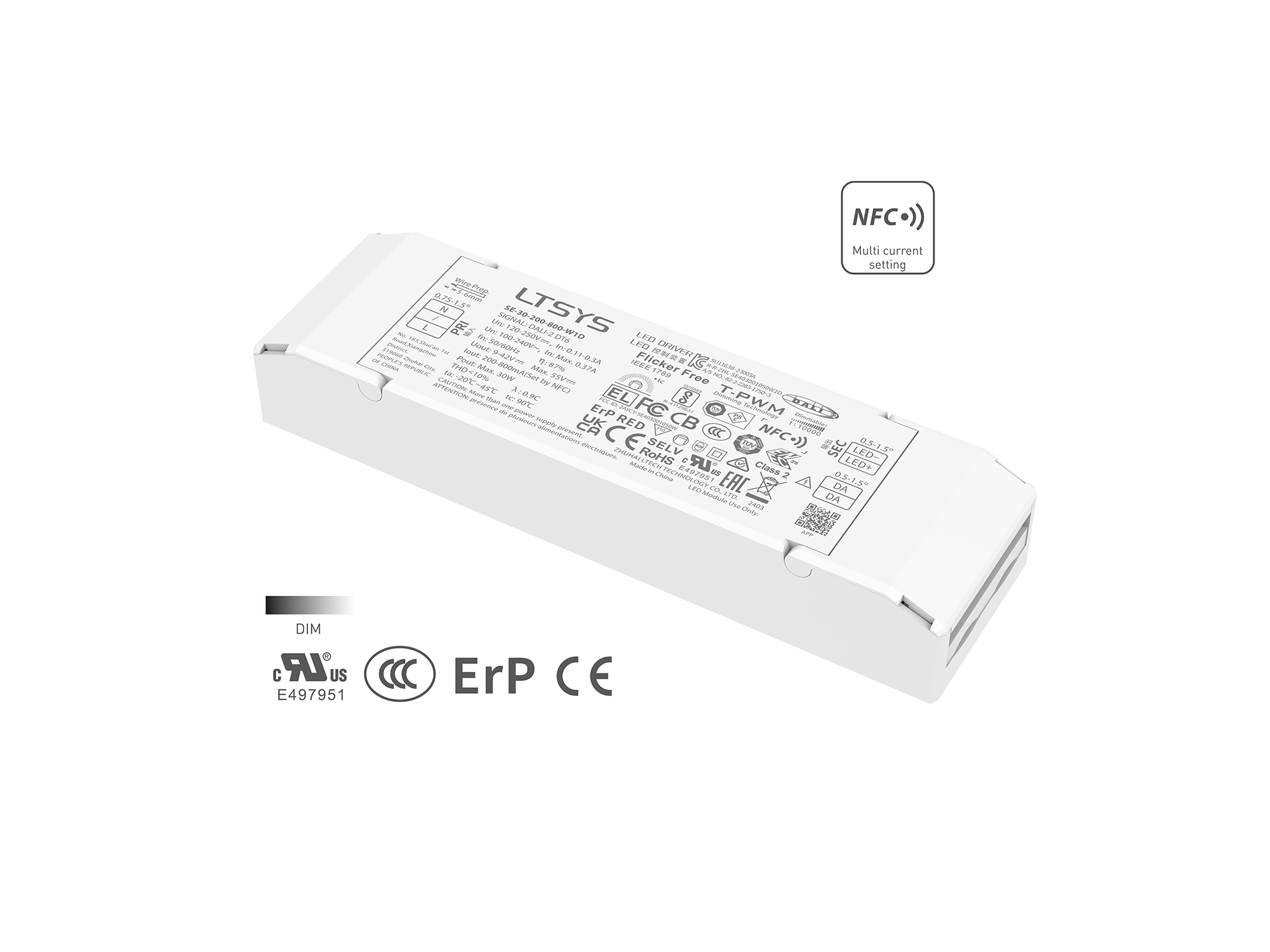 30W 200-800mA NFC CC DALI DT6 LED driver SE-30-200-800-W1D Rubycon capacitor UL