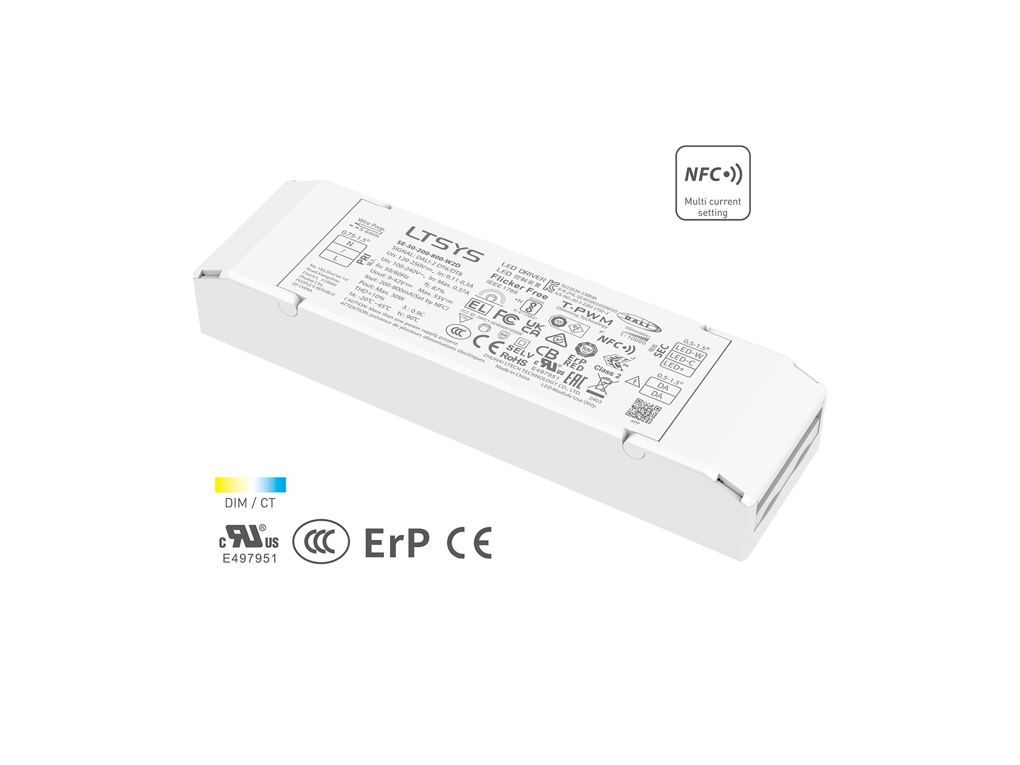 30W 200-800mA NFC CC DALI DT6/DT8 tunable white LED driver SE-30-200-800-W2D Rubycon capacitor UL