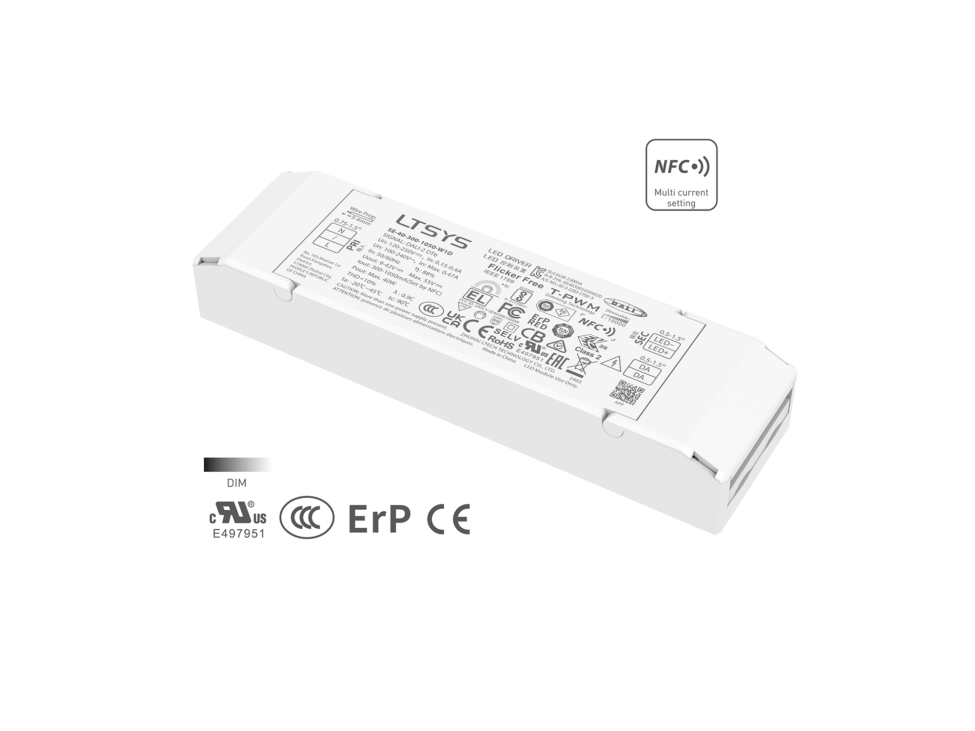 40W 300-1050mA NFC CC DALI DT6 LED driver SE-40-300-1050-W1D Rubycon capacitor UL
