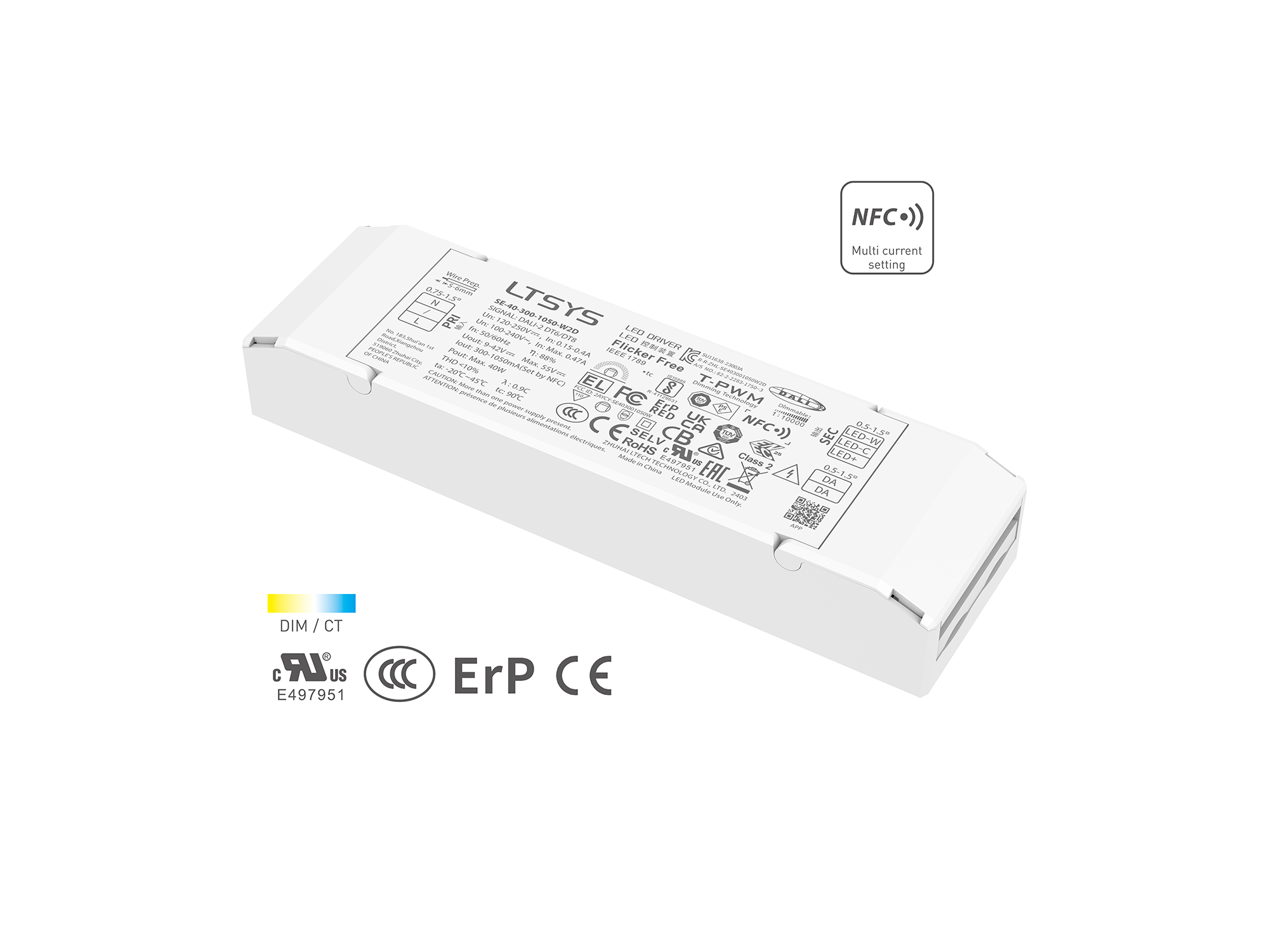 40W 300-1050mA NFC CC DALI DT6/DT8 tunable white LED driver SE-40-300-1050-W2D Rubycon capacitor UL