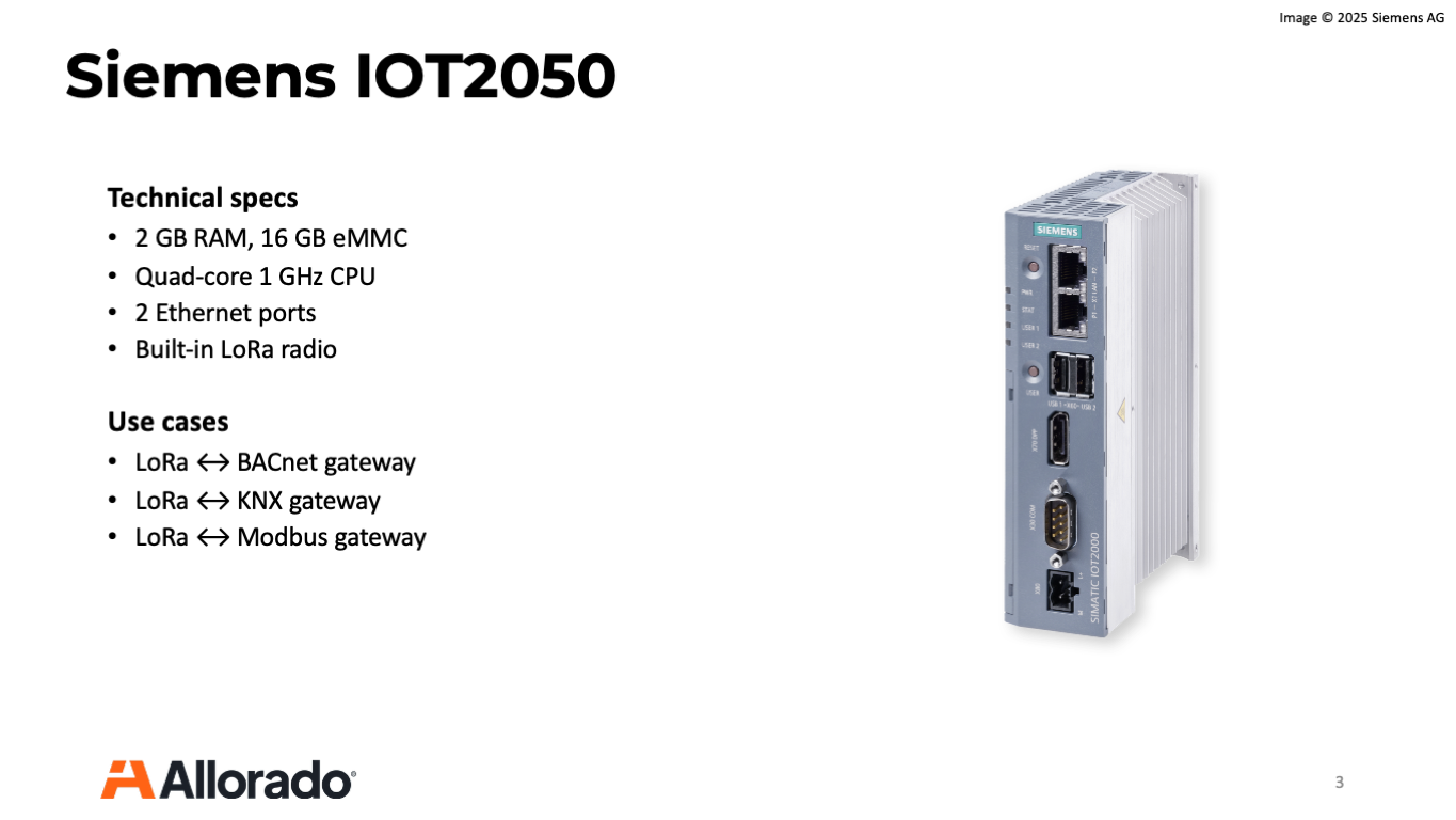 Allorado gateway: LoRa x BACnet x KNX x BACnet x MQTT. Powered by NodeRED and SIEMENS