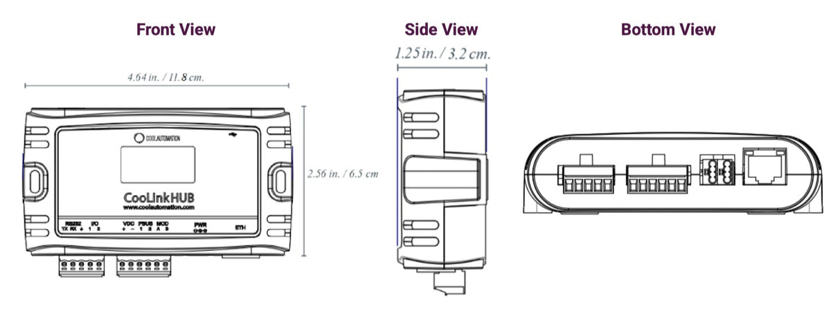 CoolAutomation CooLinkHub dimensional drawing, front, side and bottom view