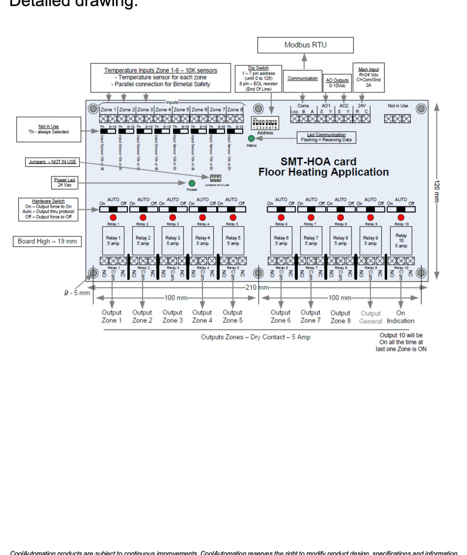 CoolAutomation GS-SMT-HOA underfloor heating controller detailed wiring drawing, 8 zones